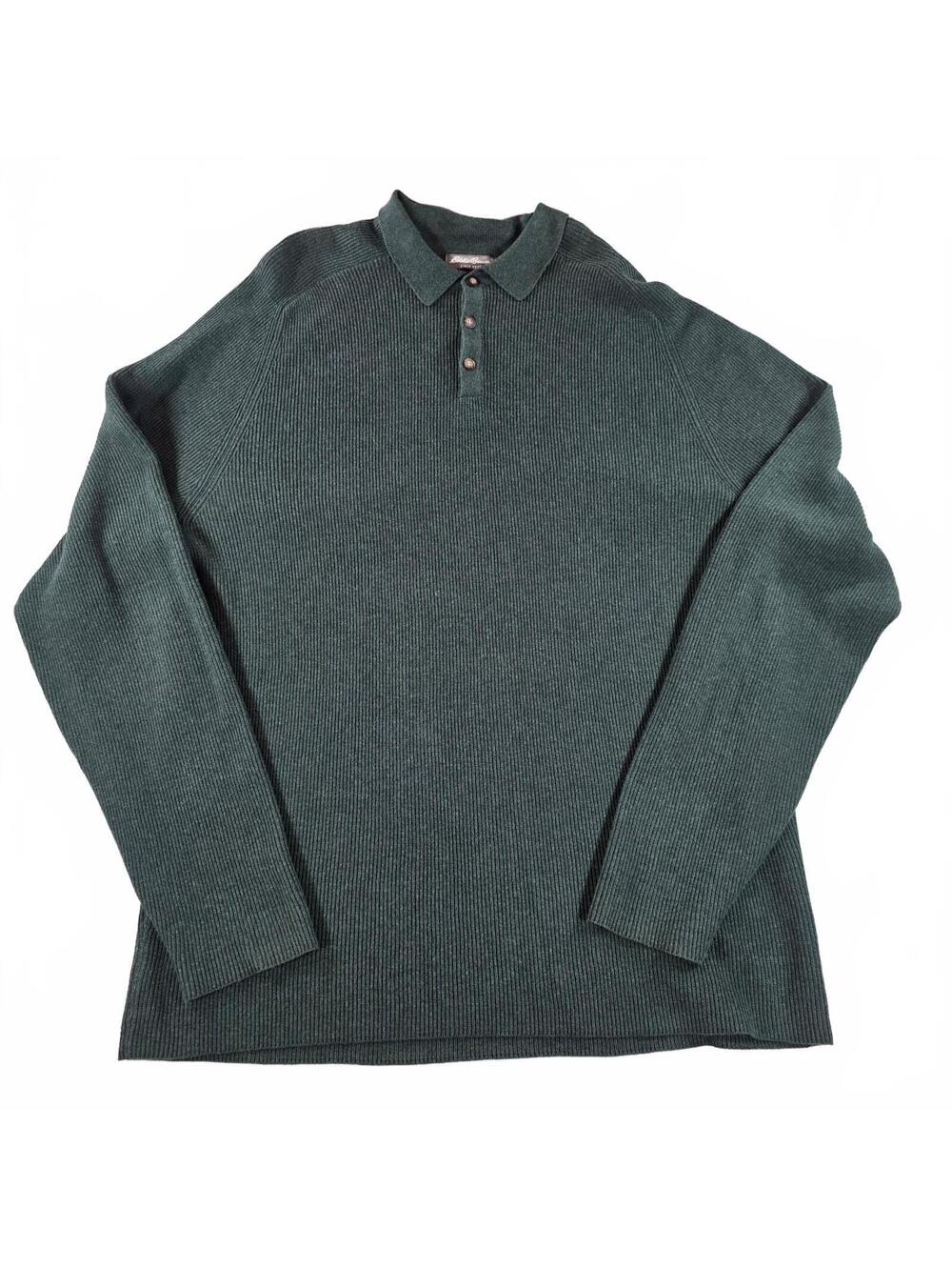 Eddie Bauer Men's Green Ribbed Knit Polo Sweater Size XL Casual Classic